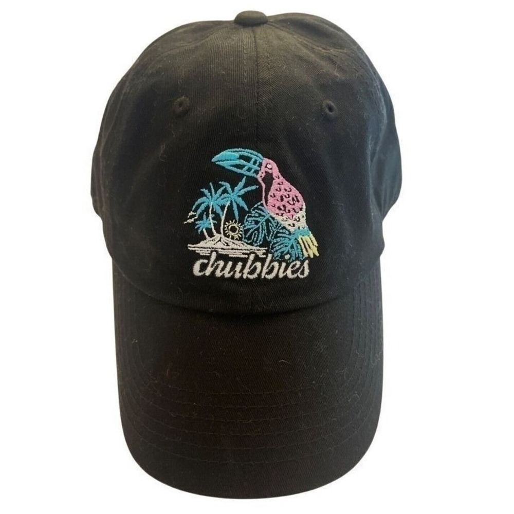 Chubbies‎ Beach Scene Toucan Palm Trees Embroidered Black Adjusts Baseball Cap